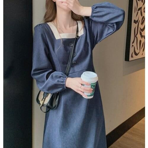 Woman Dress 2021 Autumn New Elegant Temperament Commute Square Collar Elegant Design Fashion Long-sleeved Dresses Female