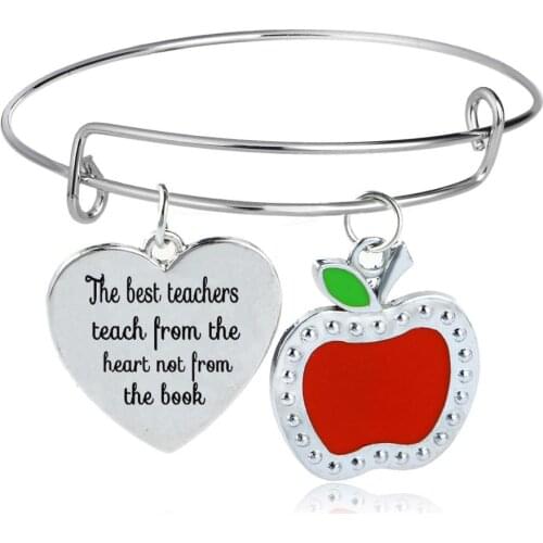 12PC The Best Teachers Teach From The Heart Not From The Book Bangles Heart Pendant Red Apple Bracelets Women Men Teachers Gifts