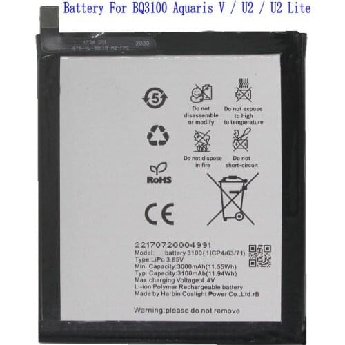 1x 3100mAh / 11.94Wh 3100 Phone Replacement Battery For BQ Aquaris V For BQ 3100 Batteries