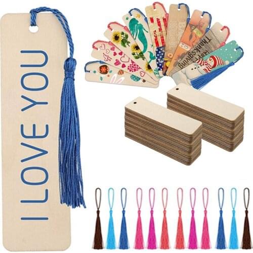 36 pieces wooden DIY blank bookmark rectangular thin hanging label tassel decoration