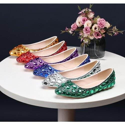 BaoYaFang 2020 New Arrival Pointed Toe Crystal Wedding shoes Bride Woman Party dress shoes Shallow fashion Flat shoes