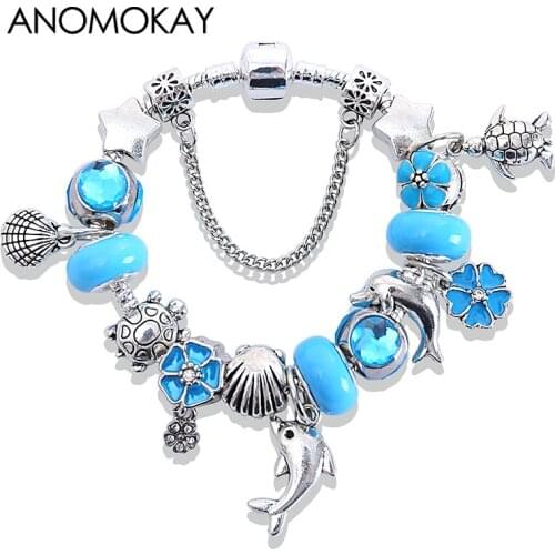 Blue Ocean Style Dolphin Tortle Diy Bead Bracelet Silver Color Lovely Animal Bead Bracelets & Bangles Pulseras Gift