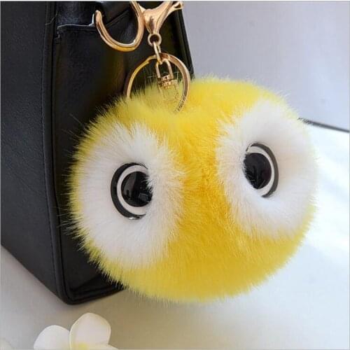 13CM Big Eyes Fluffy Rabbit Fur Ball Key Chain Cute Cartoon Panda Pompom Keychain Women Car Bag Keycover Owl Key Rings