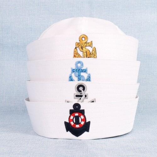 Child or Adult White Sailor Navy Hat Cap with Anchor for Fancy Dress Gold or Blue Label
