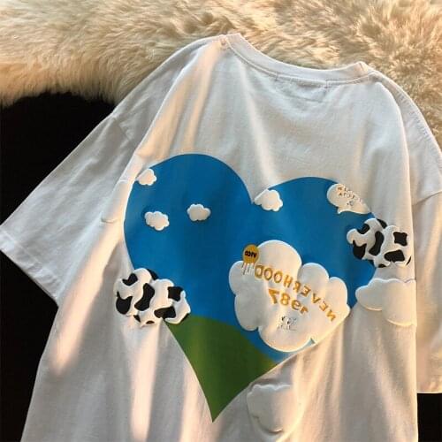 Cotton Blue Sky And White Clouds Foam Short-sleeved Half-sleeved T-shirt Women Harajuku Printing Casual Oversized T-shirt Women