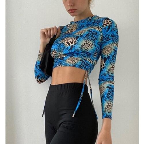 Woman Tshirts Blue Leopard Print Cropped T-Shirt Crop Tops Autumn Long Sleeve O Neck Tops Streetwear Tshirt Harajuke E Girl Tops