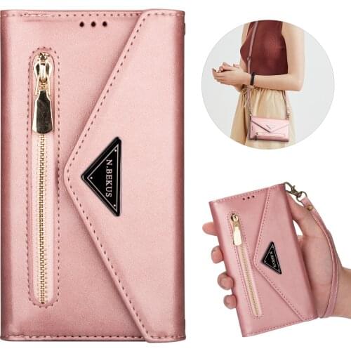 Zipper Diagonal Lanyard Leather Wallet Case For Huawei Y6 Y7 P Smart 2019 P20 P30 Pro P40 Mate Honor 8A 10 Lite Flip Stand Cover