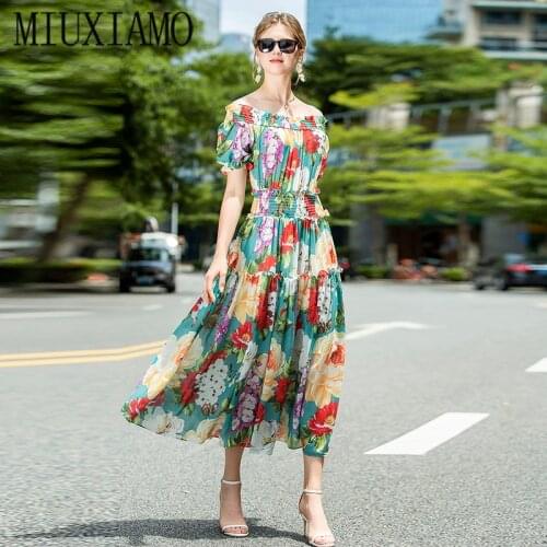 MIUXIMAO High Quality Europe 2020 Fall Dress Newest Half Sleeve Flower Print Elegant Mid-Calf Casual Dress Women Vestidos