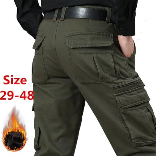Mens Casual Baggy Cargo Pants Warm Fleece Military Long Trousers Many Pockets Cotton Workout Trousers Overalls Plus Size 29-48