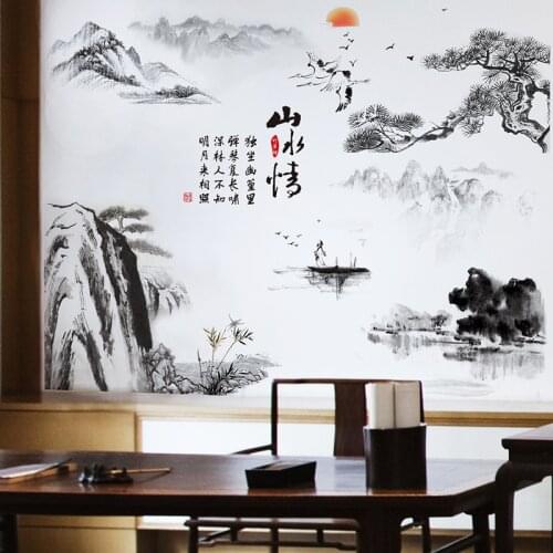 Chinese Style Ink Landscape Wall Stickers Living Room Backdrop Wall Decals Home Office Decor Aesthetic Self Adhesive Wallpaper