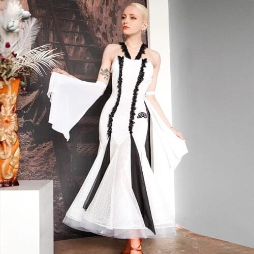 2021 New Latin Dance Dress Women Bare Shoulder Patchwork with Armwear Performance Modern Dance Dress Latino Dancewear