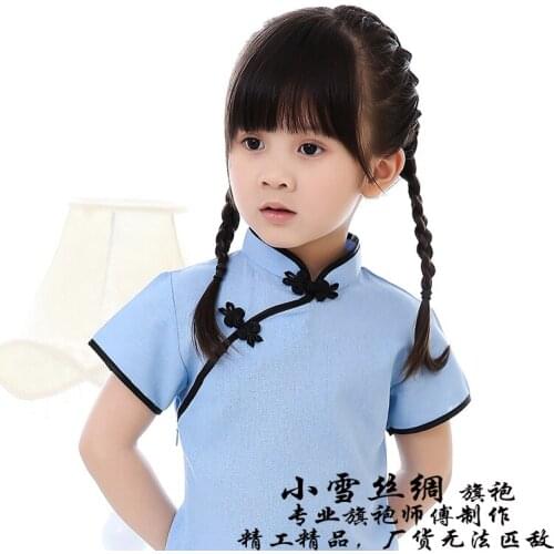 New Year Chinese Girls Dress QIPAO Cheongsam Solid Baby Girl Clothes Cotton Traditional Dresses Skyblue 2019 Newest