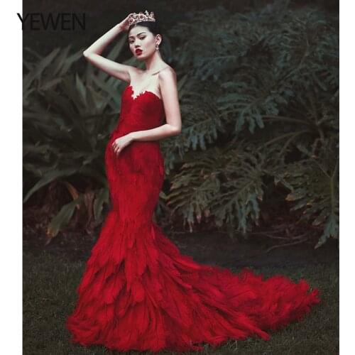 Ostrich Feathers Burgudy Maternity Evening Dresses Prom Formal Gowns 2021 Vestidos De Novia Photography Dress YEWEN