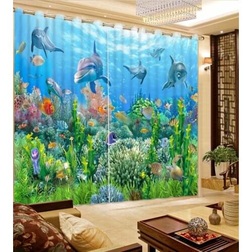 Custom Any Size 3D Curtain Coral Blue Ocean Dolphin Curtain Bed Room Living Office Cortinas Blackout Bathroom Shower Curtain