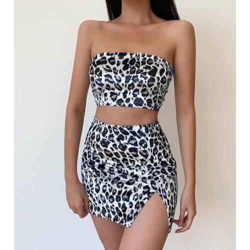 QuanRun Leopard Print Sexy Women Dress 2 Piece Set Sleeveless Strapless Bra+Slim Mini Dress Party Club Streetwear 2021 Spring