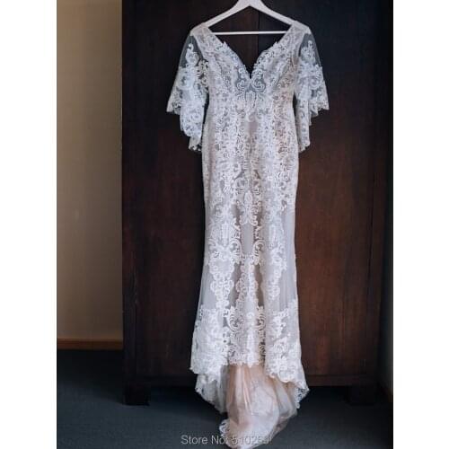 Cornaboutik Bohemian Wedding Dress Capped Lace Sleeves Tulle Low V Back French Lace Bridal Gowns Vestidos De Novia Custom Made