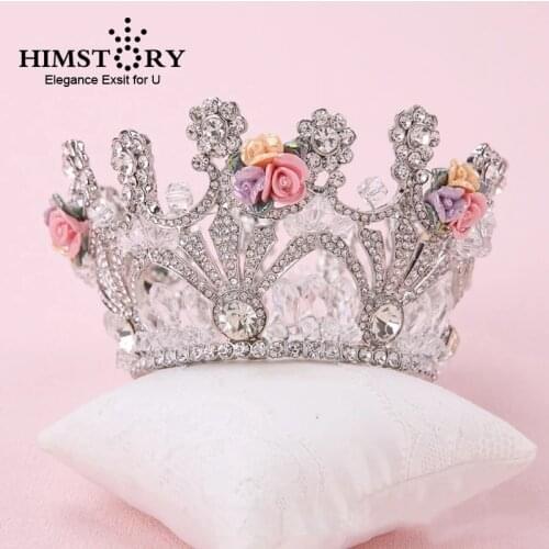 Himstory Bridal Headdress Crystal Lady Girl Sweet Princess Tiaras Pink Floral Crown Flower Headband Wedding Party Hairwear