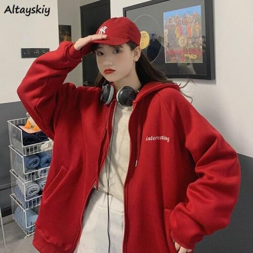 Hoodies Women Warm Teens Sweatshirts Student Spring Zip-up Letter New Loose Long Sleeve Lady Korean Styles Ins Hooded Harajuku