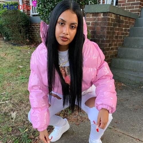 HAOOHU Crop Bubble Puffer Coat Winter Parkas Faux PU Leather Warm Long Sleeve Women Outerwear Zip Casual Solid Slim Hot Jacket