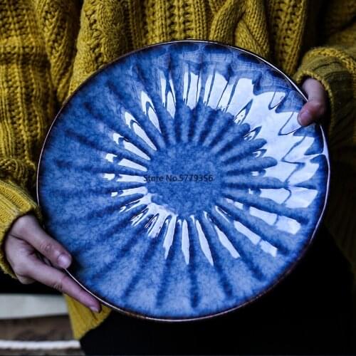 High Quality Blue Ceramic Dinner Plate Big and Small Steak Beaf Plate Western Restaurant Use Porcelain Tableware