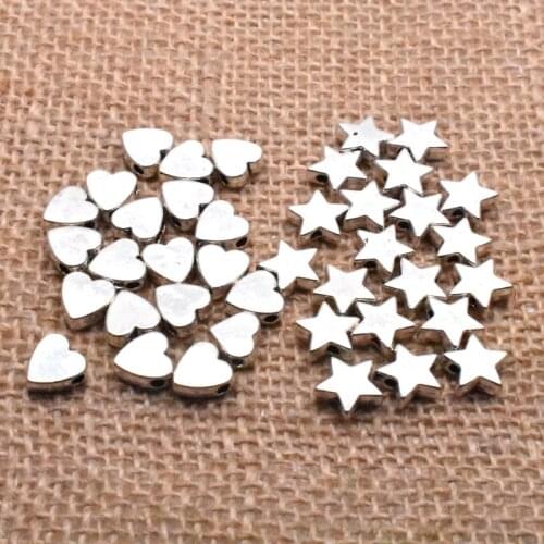 Yanqi 50pcs 6/8mm Tibetan Antique Silver Metal Alloy Five-pointed star Heart Beads Loose Spacer Beads for Jewelry Making DIY