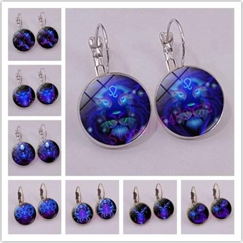 12 Constellation Earrings Simple Style Glass Dome Jewelry Zodiac Sign Ear Stud Earring Daughter Girl Women Birthday Gifts