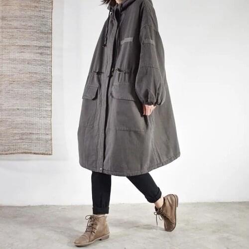 Johnature Women Vintage Hooded Trench Zipper Coats 2021 Spring New Patchwork Pockets Gray Plus Cotton Casual Loose Trench Coats