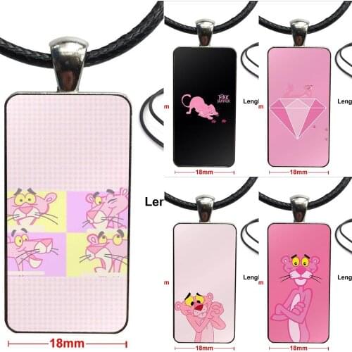 For Women Funny Cute Lovely Pink Panther Pattern Fashion Glass Cabochon Pendant Rectangle Necklace Choker Necklace Jewelry