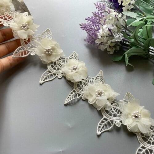 1 yard 7cm DIY Soluble Ivory Pearl Rose Flower Embroidered Lace Trim Ribbon Fabric Sewing Craft For Costume Hat Shoes Decoration