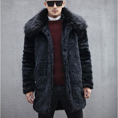 2018 New winter men fox fur collar faux rabbit fur coats,Turn-down collar trends fur jacket Black long section fashion overcoats