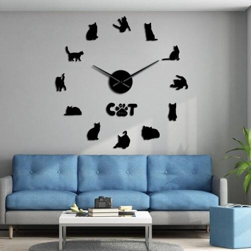 Frameless Cute Kitten Cat Breed DIY 3D Acrylic Wall Clock Kitty Animals Kit Decoration Cat Lover Gift Self Adhesive Clock Watch