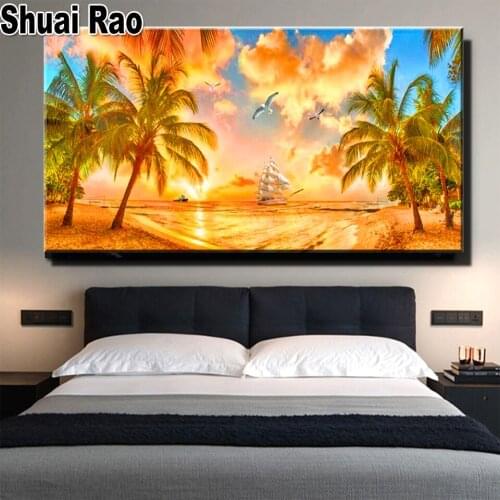 5d Diy Diamond Painting"Sunrise sea Landscape coconut tree"Full Sqaure Round Drill Cross Stitch Embroidery Rhinestone Mosaic Art
