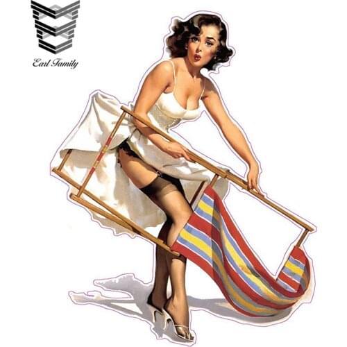EARLFAMILY 13cm X 10cm Brunette with Lawn Chair Pin Up Girl Vinyl Decal Graphical Funny Car Stickers DIY Car Window Trunk Decor