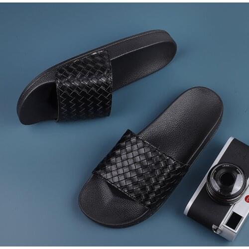FIXSYS Italian Leather Slippers Men Summer Beach Shoes High Quality Slip on Slides Lightweight Casual Shoes Man Weaving Slippers