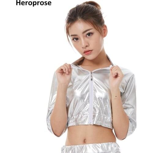 Heroprose New Fashion Kids Adult Tops Jazz DS Wear Silver Bright Hip Hop Dance Stage Performance Coat Ultra-short Slim Jacket