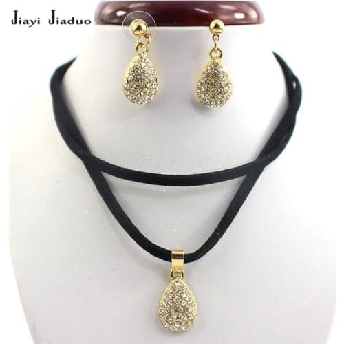 Jiayi jiaduo Black Leather Necklace Water Drop Pendant Earrings Jewelry Set Gold-Color for Women Wedding Dress Accessories