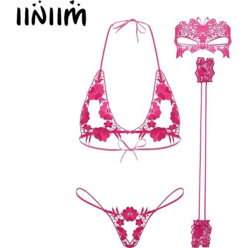 Women Female Floral Embroidery Hollow Out Lingerie Sets Underwear Sleepwear Lace-up Bra Crotchless G-string with Cuffs Eye-mask