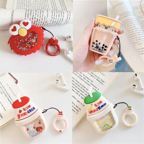 New Cute Quicksand Bubble Tea For Airpods Case Soft Silicone Wireless Bluetooth Earphone Protective Cover With Finger Ring Strap