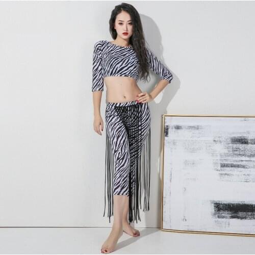 Autumn and winter new belly dance middle-sleeve top with zebra pattern fringed pants 2pcs oriental dance practice clothes