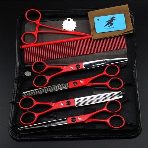 7.0 inch Professional Japan Pet Grooming Scissors Straight Curved Thinning Shears for Cat Dog Hair Cutting Scissors Comb Set Red