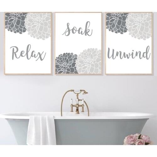 Relax Soak Unwind Art Prints Grey Bathroom Decor , Funny Bathroom Quotes With Flowers Posters Canvas Painting Wall Art Pictures