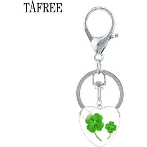 TAFREE HIgh Quality Heart Green Plants Keychain Key Ring Alloy Metal Four-leaf clover Glass Gem Keychains for Car Bag Key QF322