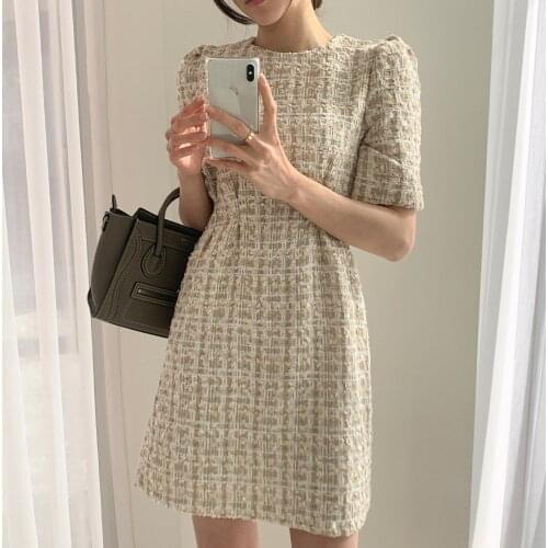 Tweed Puff Sleeve Dress Mini Plaid 2021 New Female Spring French Retro Short robe