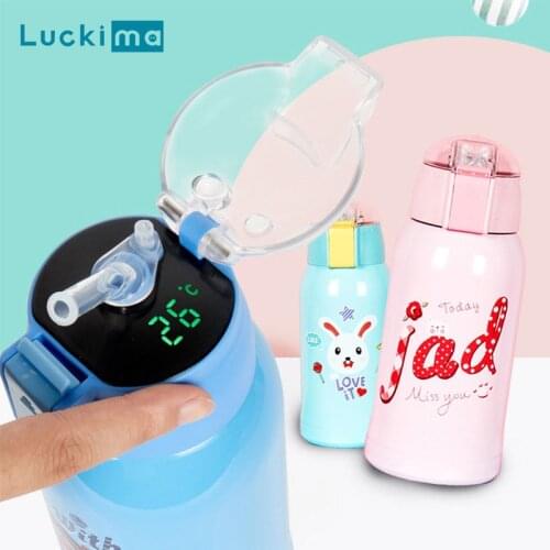 500ml Cartoon Smart Temperature Display Thermos Cup Portable Pressing Straw Style Water Bottle Keep Warm Cold 24hours for Baby