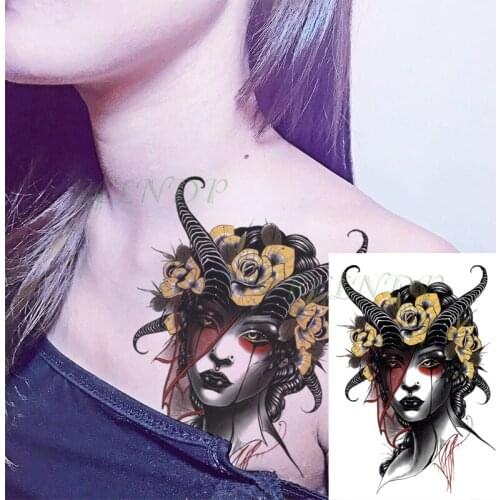 Waterproof Temporary Tattoo Sticker Cool Sexy Girl with Horn In Head Rose Flower Totem Fake Tatto Flash Tatoo for Men Women
