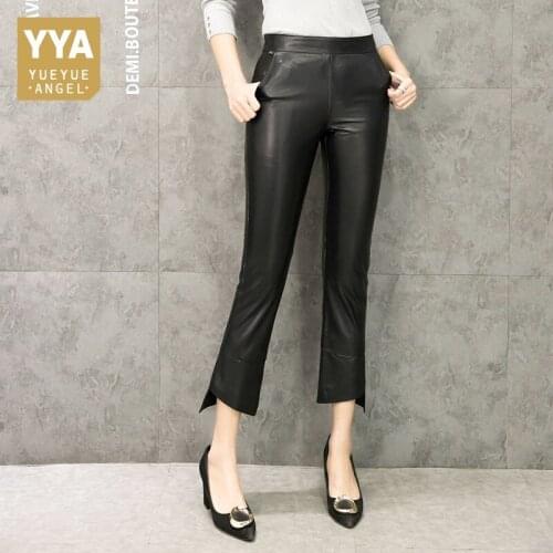 Women Black Genuine Leather Flare Pants Real Sheepskin Trousers Office Lady Ankle Length Skinny Pantalon Femme Plus Size XXXL