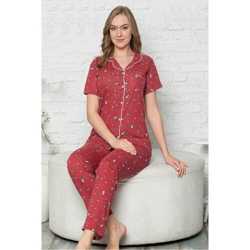 Tampap Women Red Pajamas set Shirt Collar Short-Sleeve Sleepwear Tampap Dvk-28