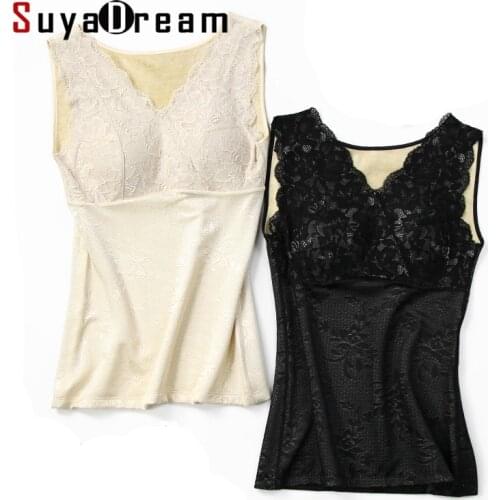 SuyaDream 100%REAL SILK Lining Women Lace Bustiers Slimming Padded Bra Corsets Comfortable Warm Fleece Tanks Nude Black