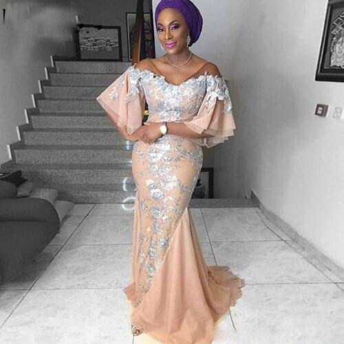 Elegant Appliqued Mermaid Robe De Soiree Custom Party Gowns Capped Sleeve Long African Prom Dresses Aso Ebi Plus Size