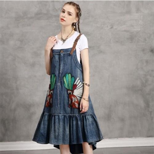 Summer Spaghetti Strap Dress 2020 Vintage Denim Women Dress Embroidery Adjustable Suspender Dresses 2221 Female Vestidos